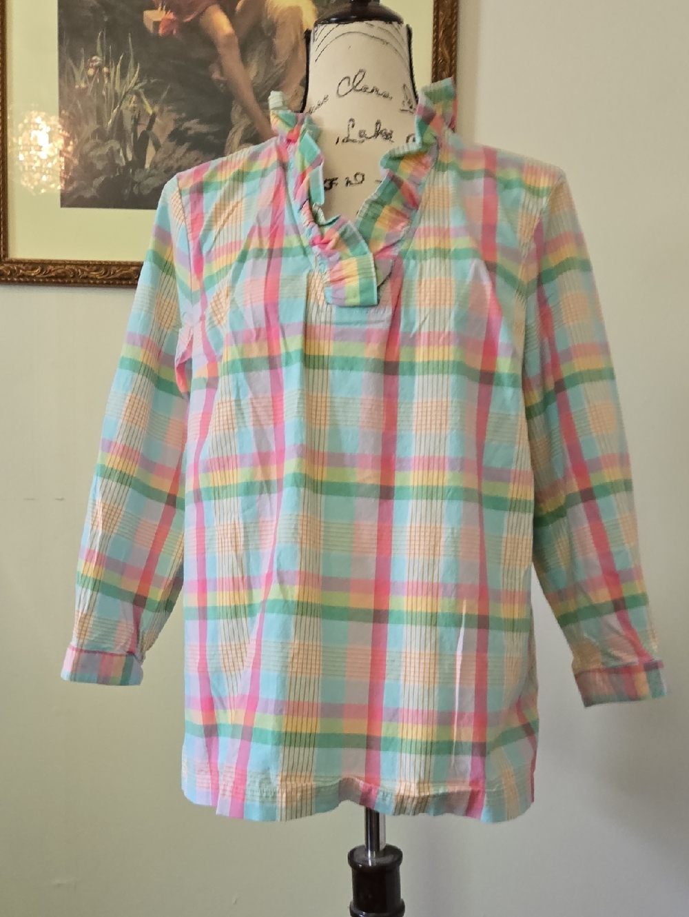 Crown And Ivy Pastel Plaid Ruffle Neck Blouse